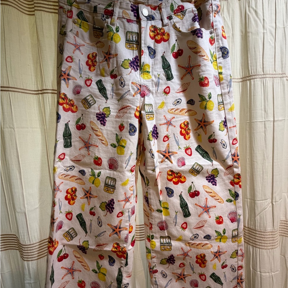 Oat New York-White Patterned Wide-Leg Pants with Colorful Fruit & Sea Motifs - Picture 2 of 4
